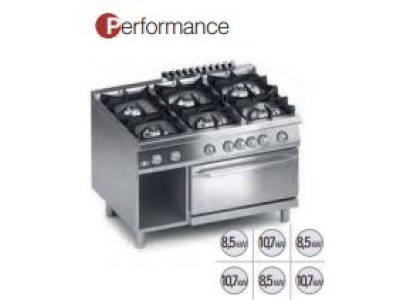 GAS KITCHEN WITH 6 BURNERS ELECTRIC OVEN GN 2/1 SERIES 90 PERFORMANCE
