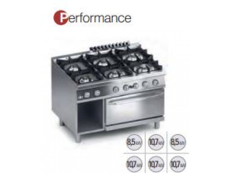 GAS KITCHEN 6 BURNERS WITH GAS OVEN GN 2/1 SHAFT A DAY SERIES 90 PERFORMANCE