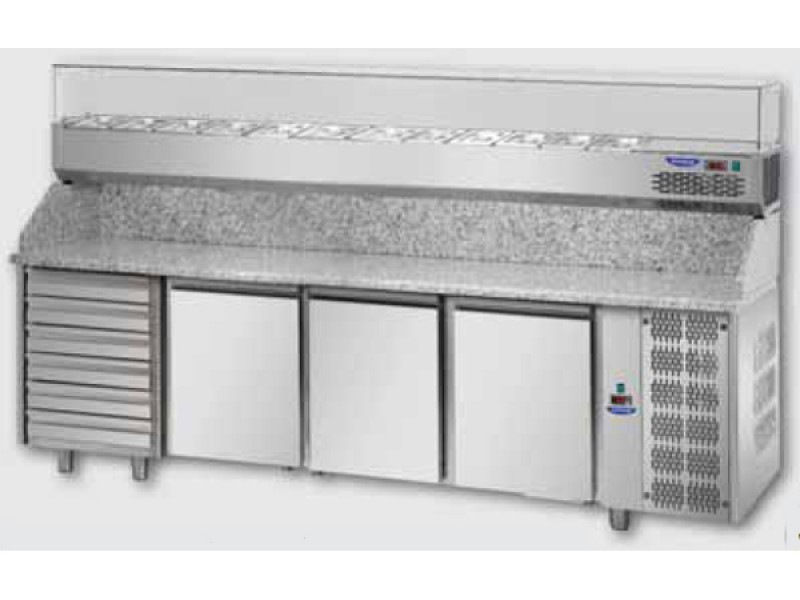 PIZZA COUNTER 3 DOORS 60x40 + DRAWER + REFRIGERATED SHOWCASE mod. PZ04MIDC6