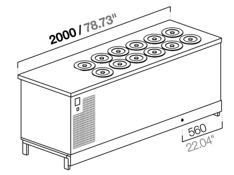 POZZETTO GLYCOL ICE CREAM BENCH 200 CM WITH 12 TUBS (WITHOUT PANELS)
