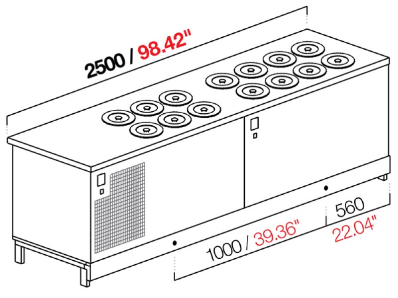 POZZETTO GLYCOL ICE CREAM BENCH 250 CM WITH 8 + 6 TUBS (WITHOUT PANELS)