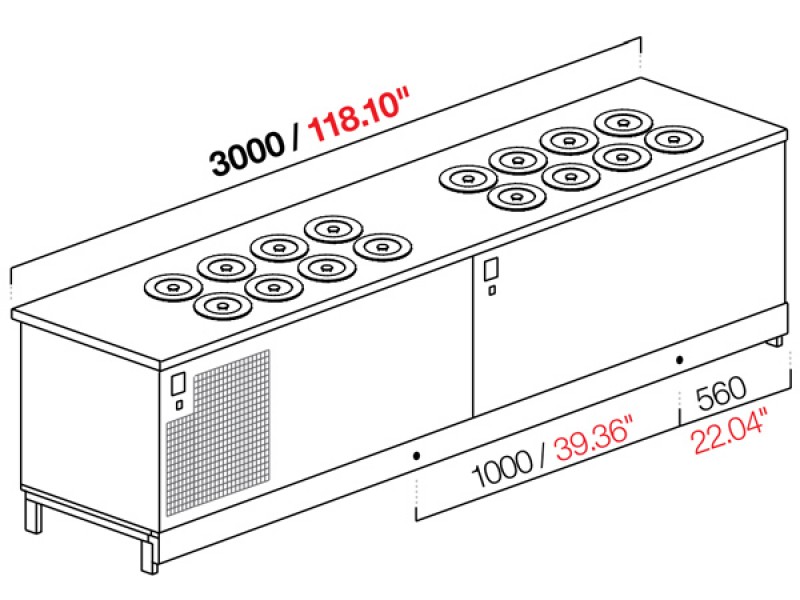 POZZETTO GLYCOL ICE-CREAM BENCH 300 CM WITH 10 + 6 TUBS (WITHOUT PANELS)